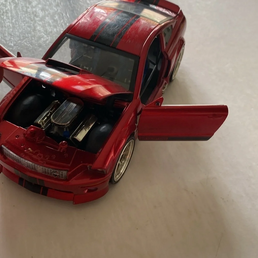 1BaddRide 2005 Ford Mustang GT Die Cast Metal Red Toy Car with Black Stripes